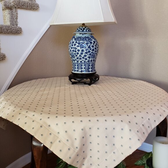 Tablecloth Custom 42” Square Heavy, Cream and Blue Lined, plus extra Fabric - Picture 1 of 5